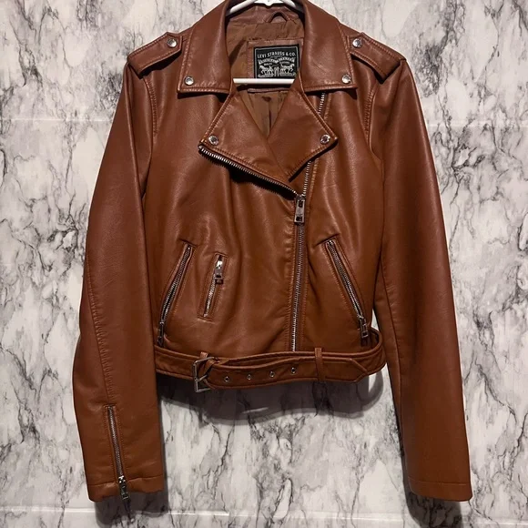 Levi's Faux Leather Belted Moto Jacket in Camel - Picture 4 of 9